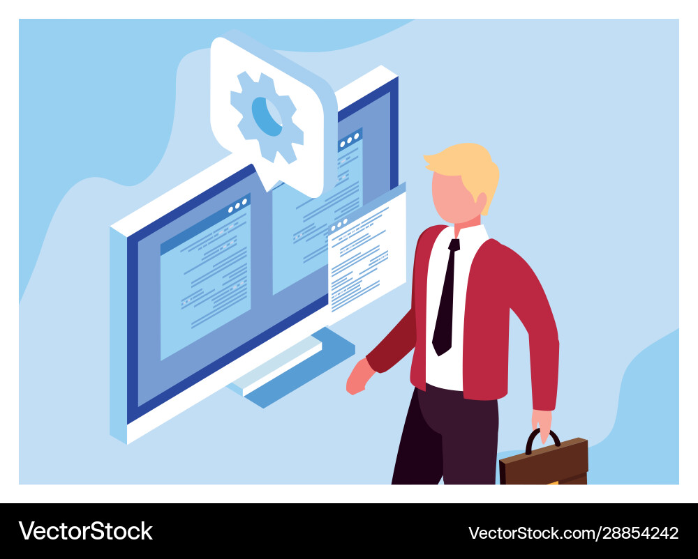 Man working in front computer screen Man working in front computer screen Vector Image