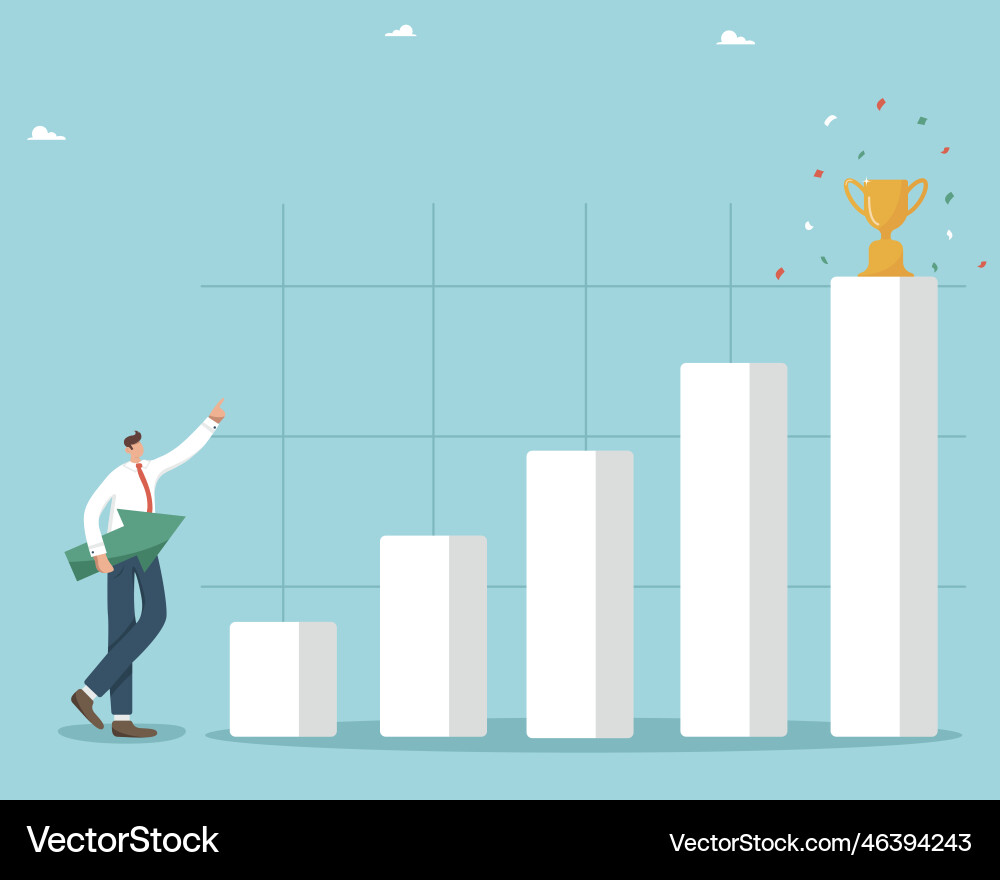 Man stands near a bar graph with direction arrow Man stands near a bar graph with direction arrow vector image