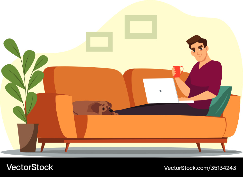 Man Working on Sofa with Laptop Vector Image