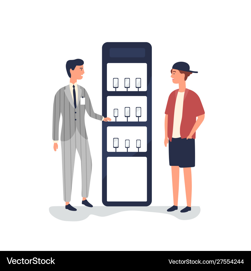 Salesman advertising smartphones flat Salesman advertising smartphones flat vector image
