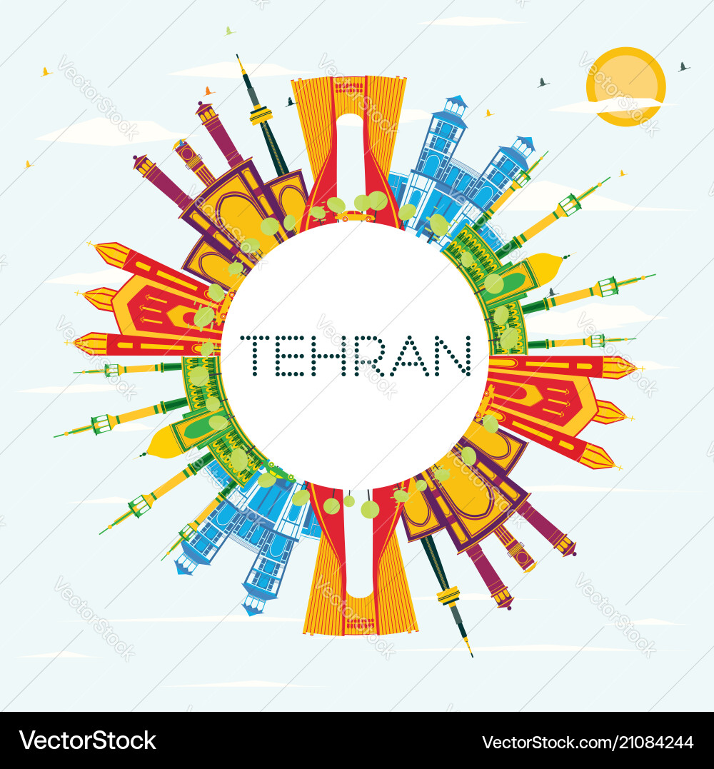 Tehran skyline with color landmarks blue sky Tehran skyline with color landmarks blue sky vector image
