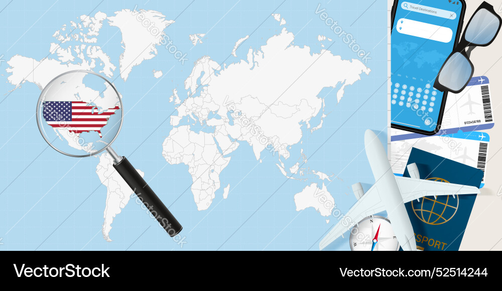 Usa is magnified over a world map with airplane Usa is magnified over a world map with airplane vector image