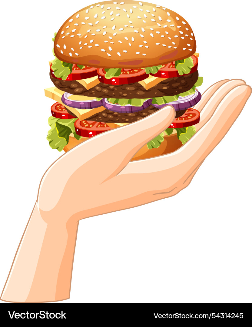 A hand holding large stacked burger A hand holding large stacked burger vector image