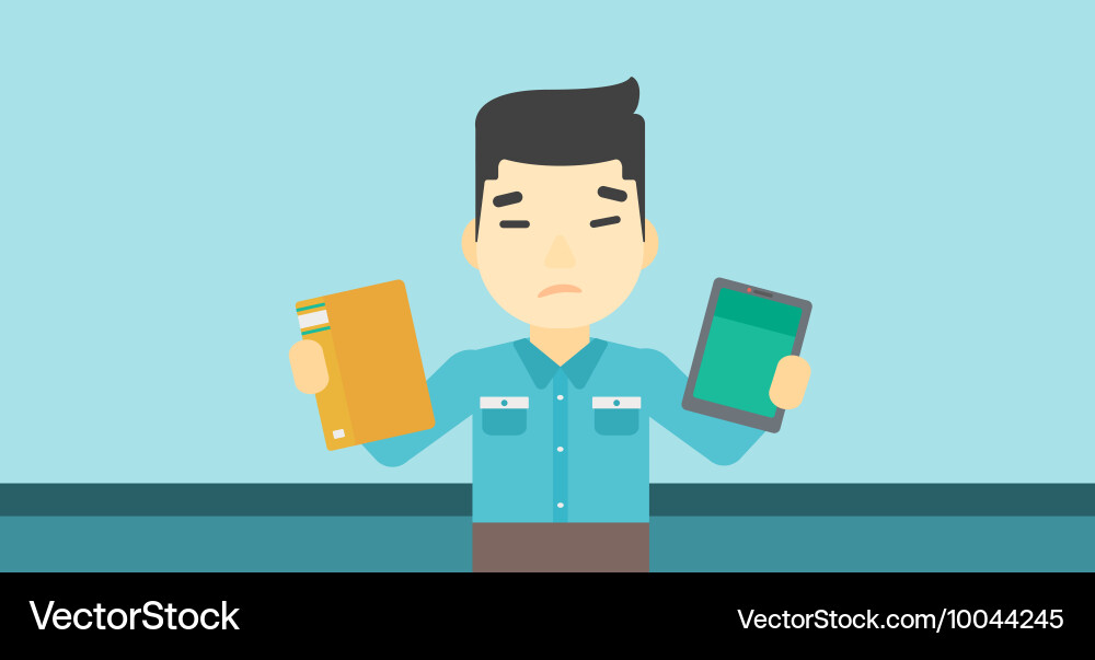 Man choosing between book and tablet computer vector image