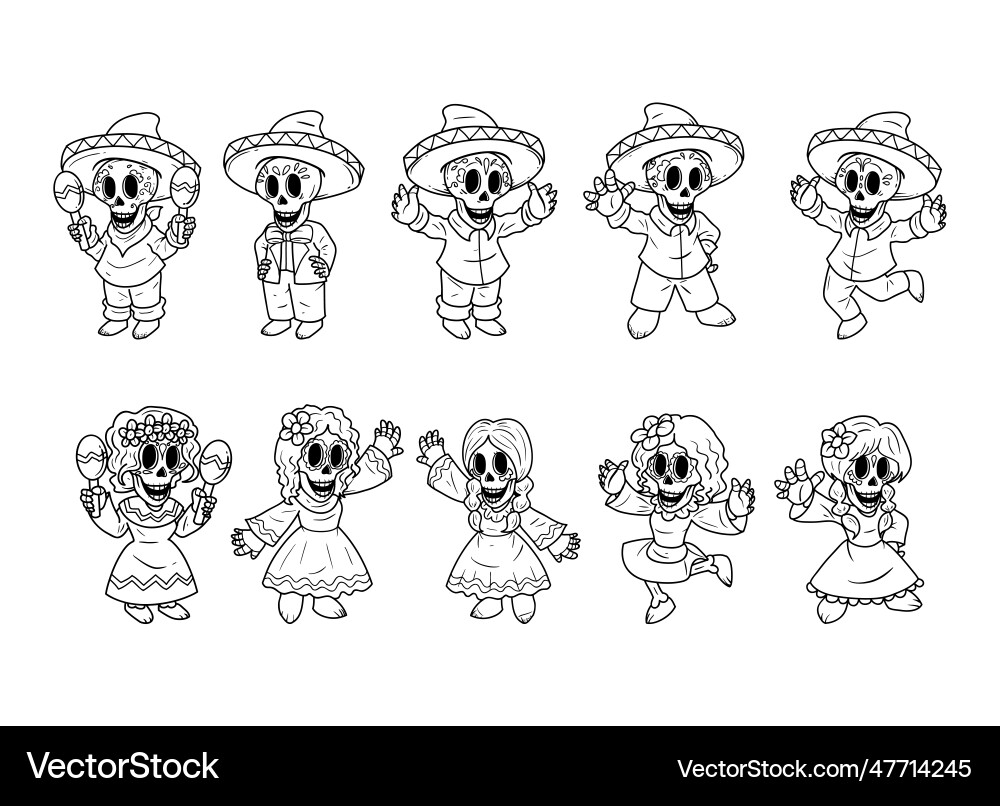 Set skeleton character outline sketch collection Set skeleton character outline sketch collection vector image