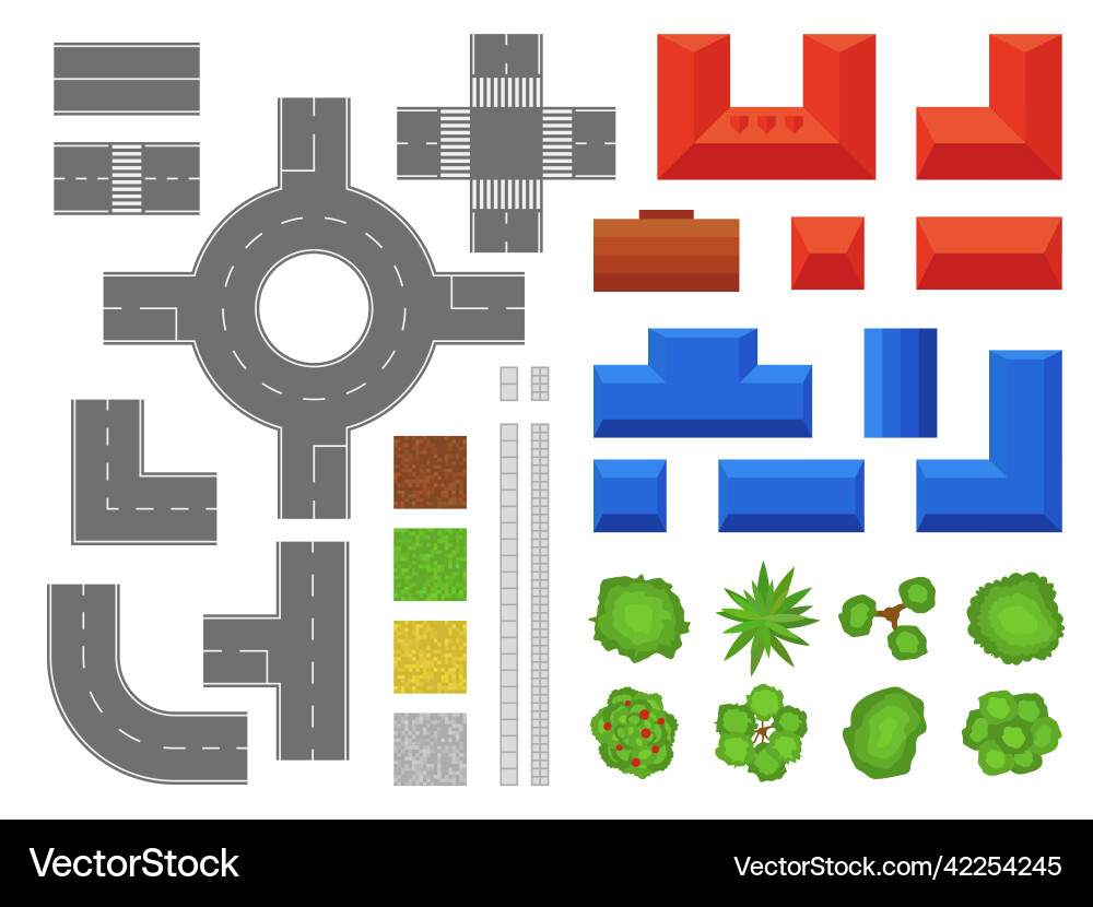 Street elements map top view urban objects Street elements map top view urban objects vector image