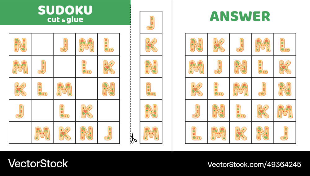 Sudoku with five cookie letters j k l m n Vector Image