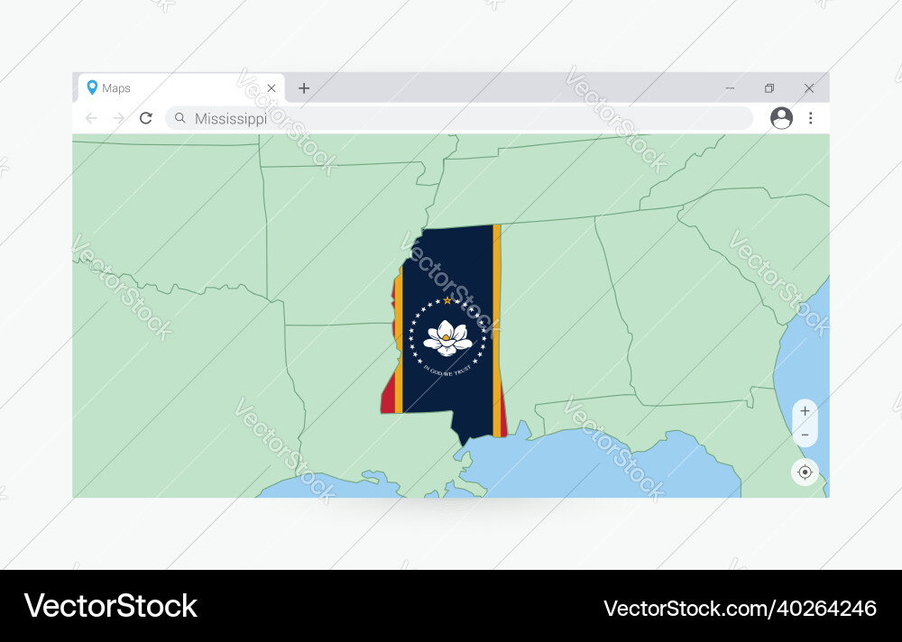Browser window with map of mississippi searching Vector Image