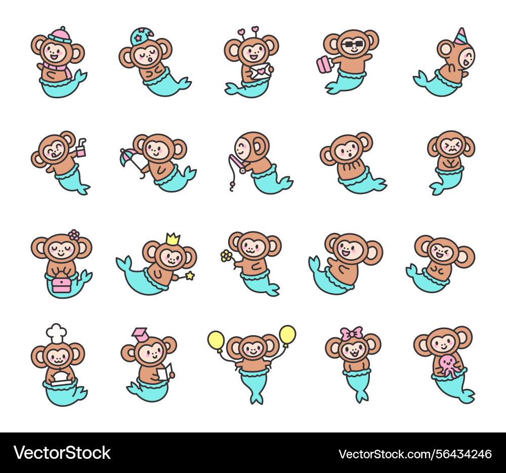 Charming mermaid monkey character set showing Charming mermaid monkey character set showing vector image