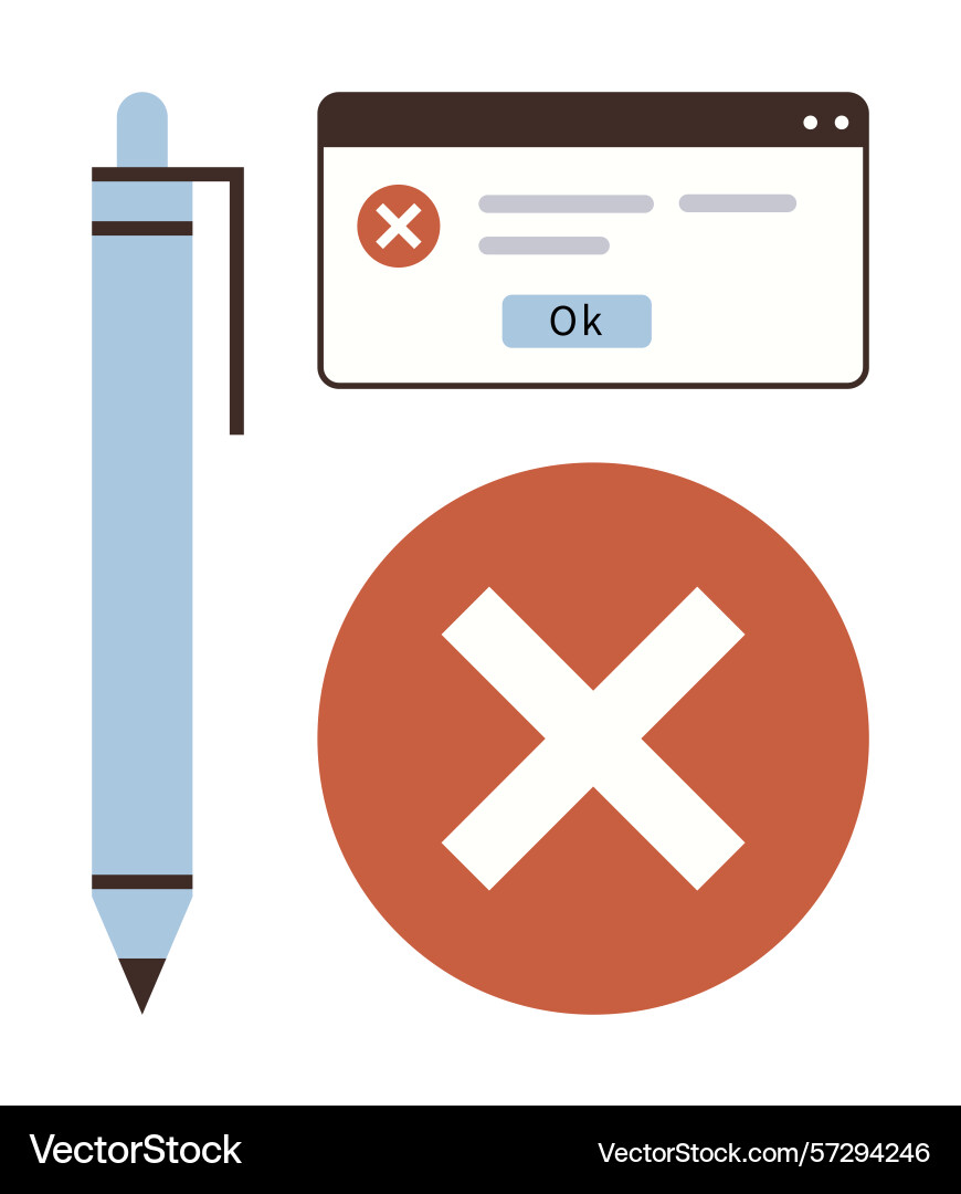 Error notification window with red cross and pen Error notification window with red cross and pen vector image