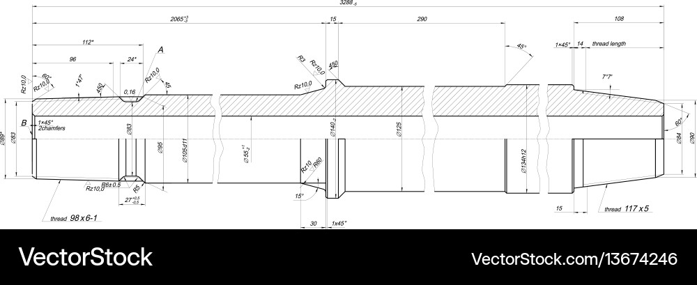 Expanded shaft sketch with threads vector image