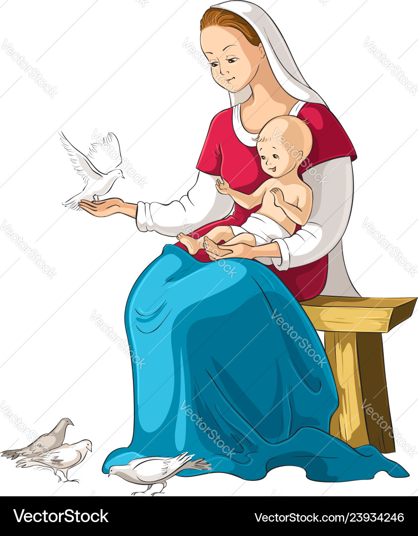 Mother mary holding baby jesus cartoon Mother mary holding baby jesus cartoon vector image