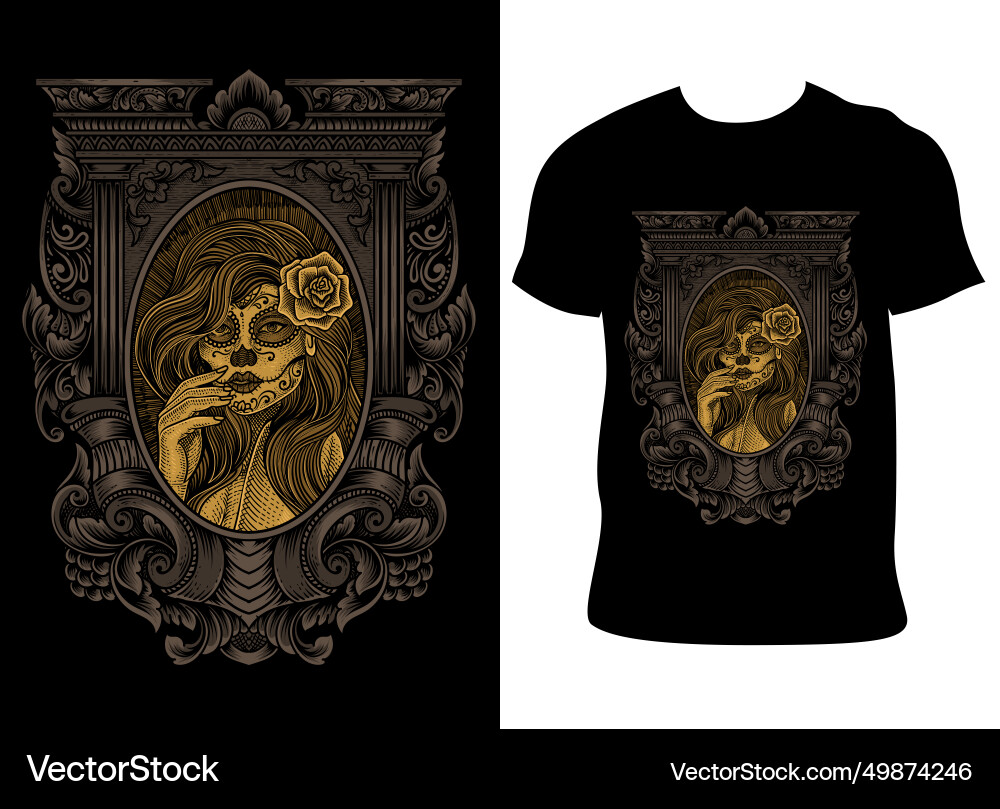 Sugar lady skull with engraving style Sugar lady skull with engraving style vector image