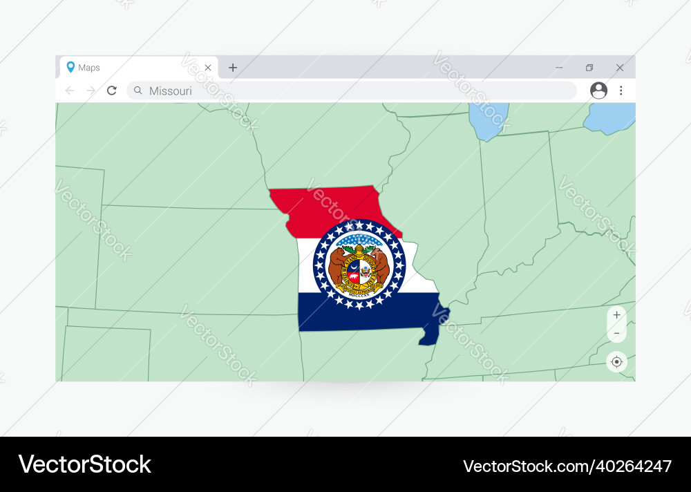 Browser window with map of missouri searching vector image