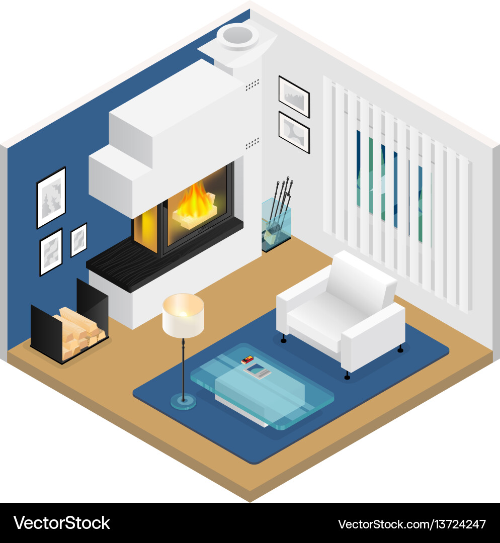 Living room isometric interior with fireplace vector image