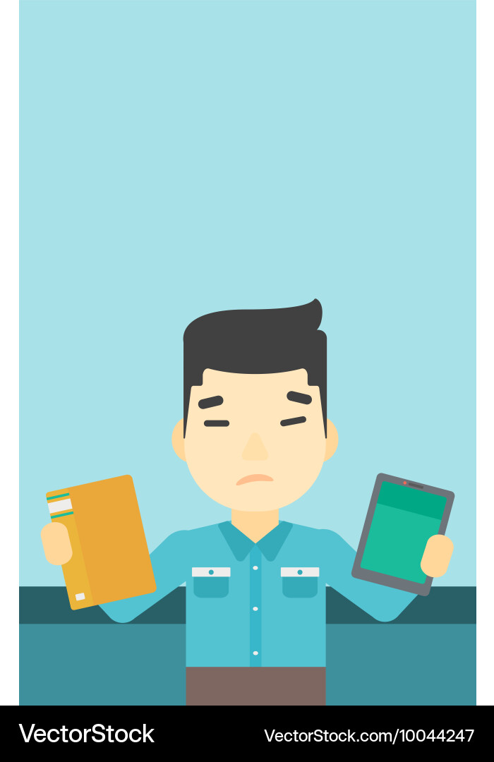 Man choosing between book and tablet computer vector image