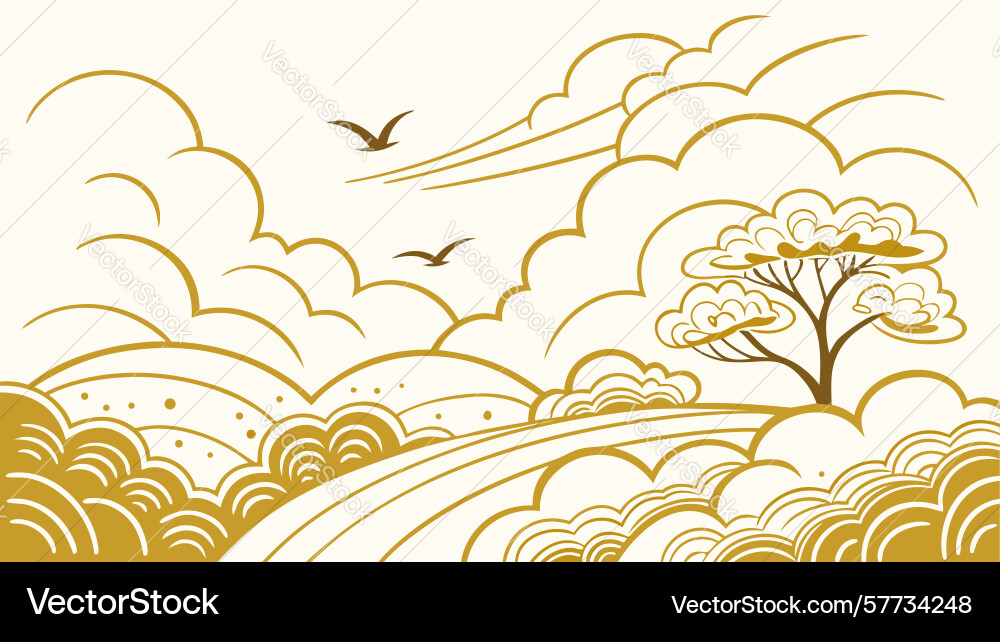 Abstract landscape with stylized clouds and tree vector image