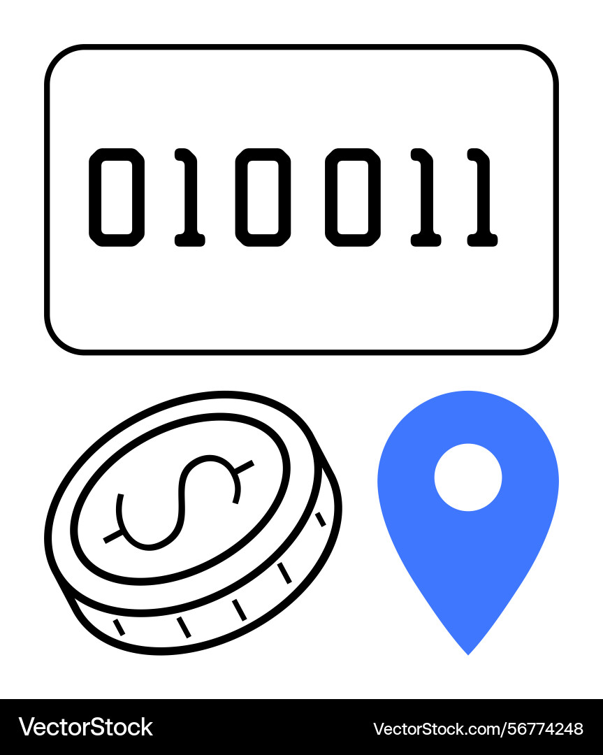 Binary code coin and location pin representing Binary code coin and location pin representing vector image