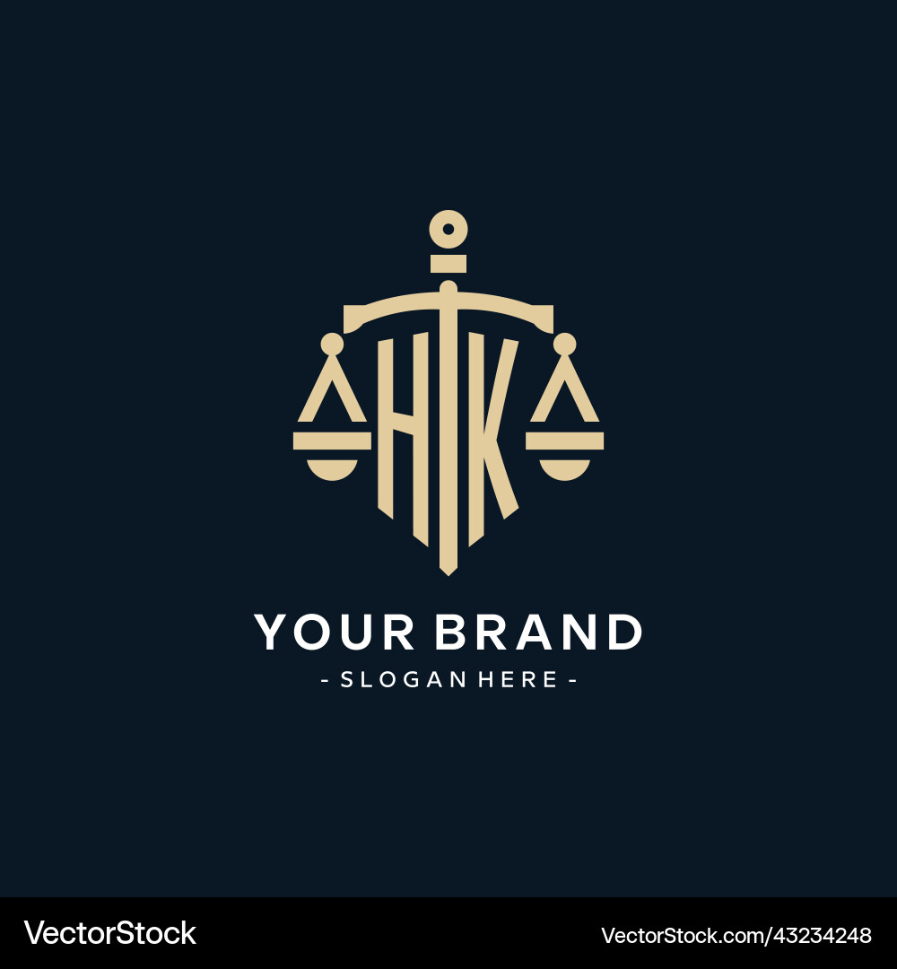 Hk initial logo with scale of justice and shield Vector Image