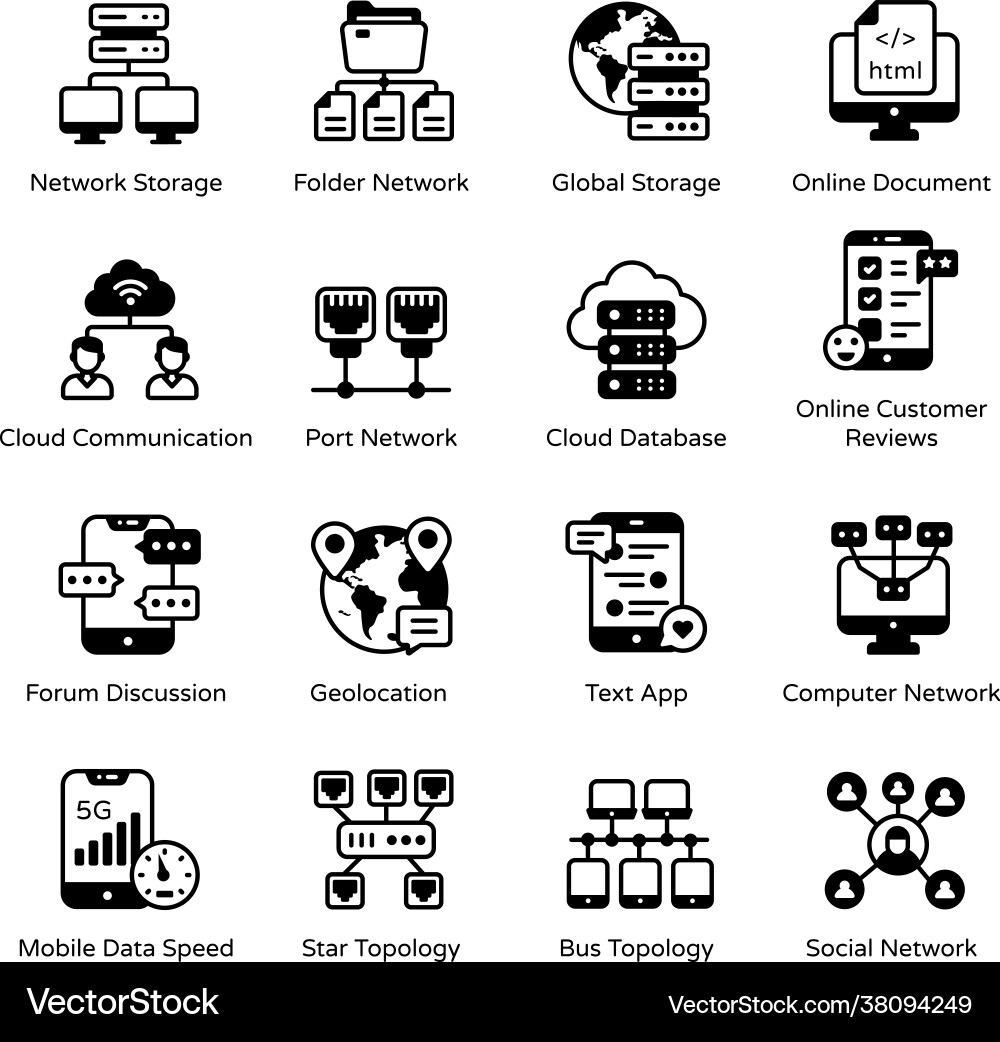 Computer network and communication solid icons vector image