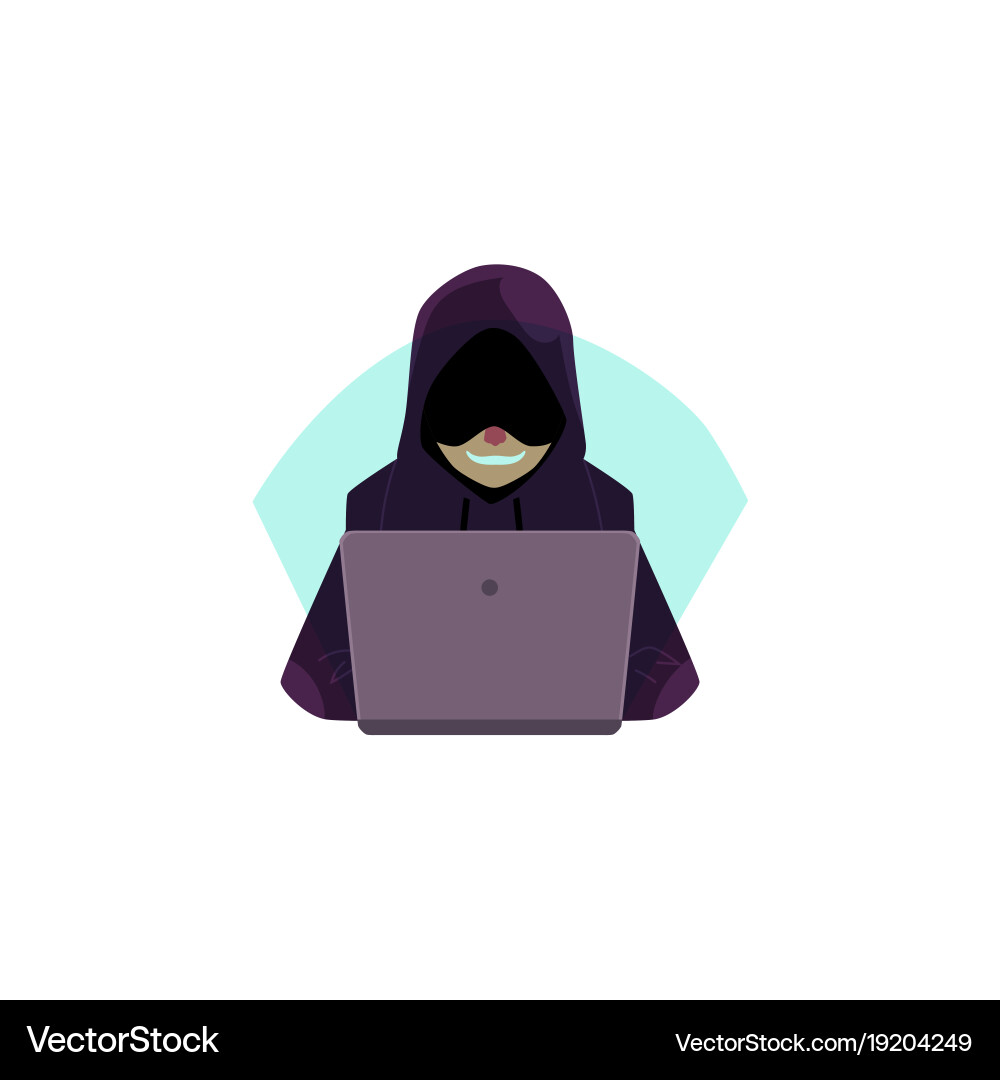 Hacker in hoody using laptop for computer attack vector image