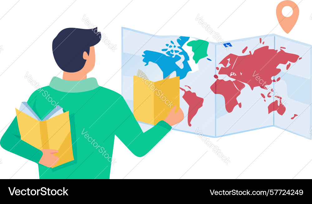 Man studying map with location pins travel vector image