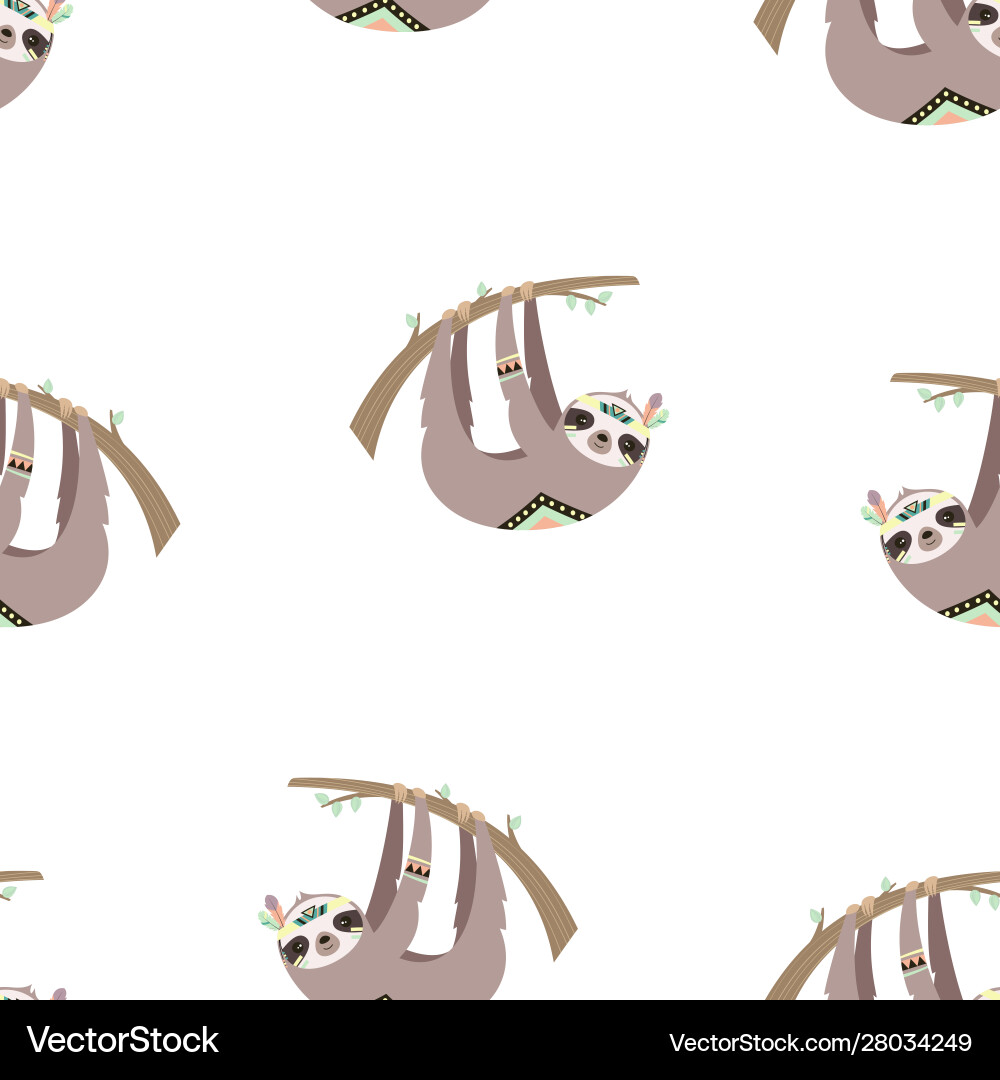 Pattern with sloth hanging on tree Vector Image