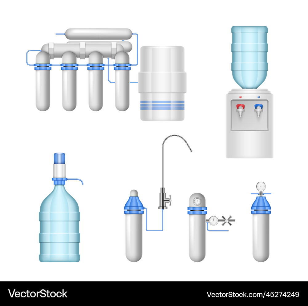 Realistic water filters set drink cleaners home Realistic water filters set drink cleaners home vector image