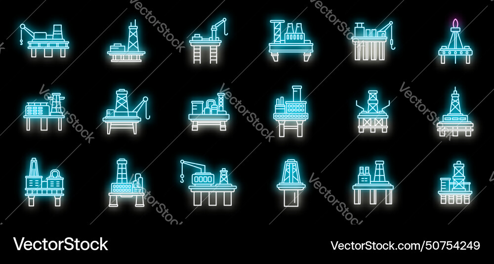 Sea drilling rig icons set neon Royalty Free Vector Image