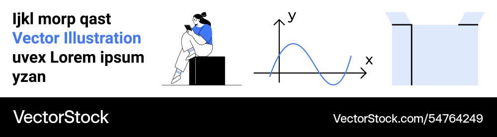 Woman reading on device with graph and open box Woman reading on device with graph and open box Vector Image