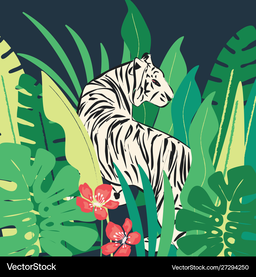 Hand drawn white tiger with exotic plants Hand drawn white tiger with exotic plants vector image