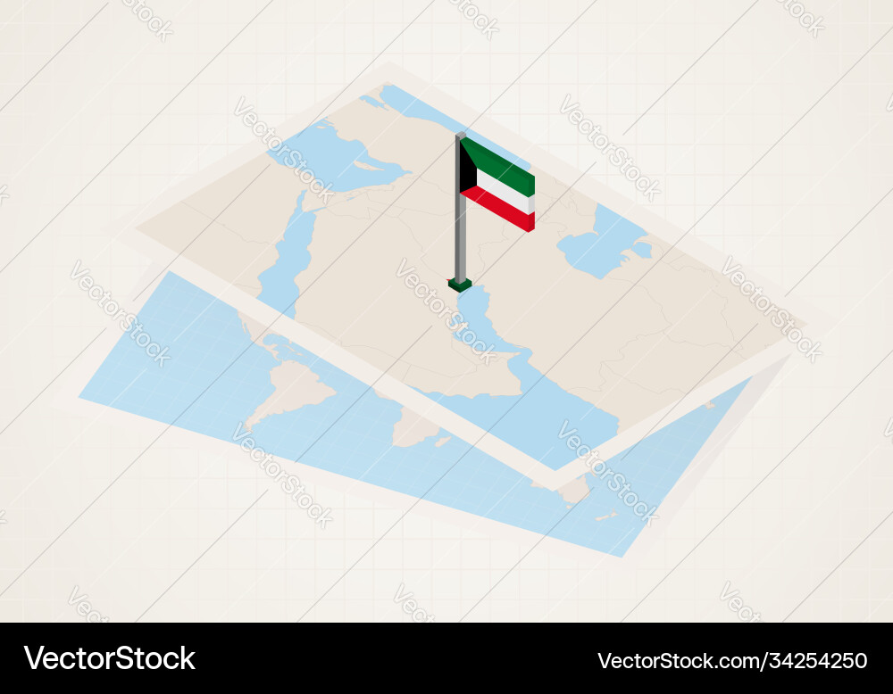 Kuwait selected on map with isometric flag Vector Image