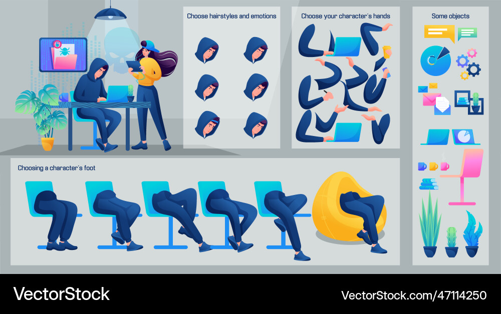 Stylized character the hacker guy set Stylized character the hacker guy set Vector Image