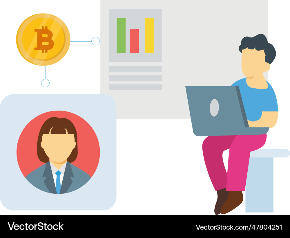 Boy is working on bitcoin and user graph Vector Image