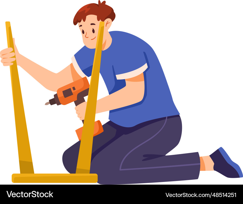 Furniture assembly with man assembling and fixing Vector Image