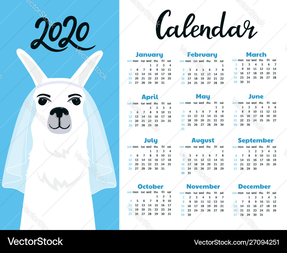 Kalender für 2020 von Sonntag bis Samstag süß Kalender für 2020 von Sonntag bis Samstag süß vektorbild