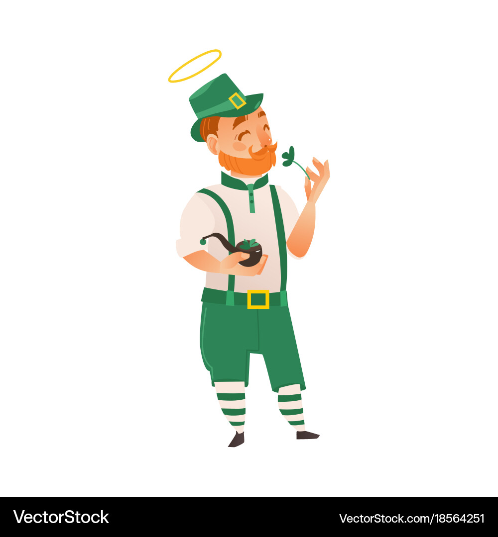 Saint patrick holding shamrock and smoking pipe Vector Image