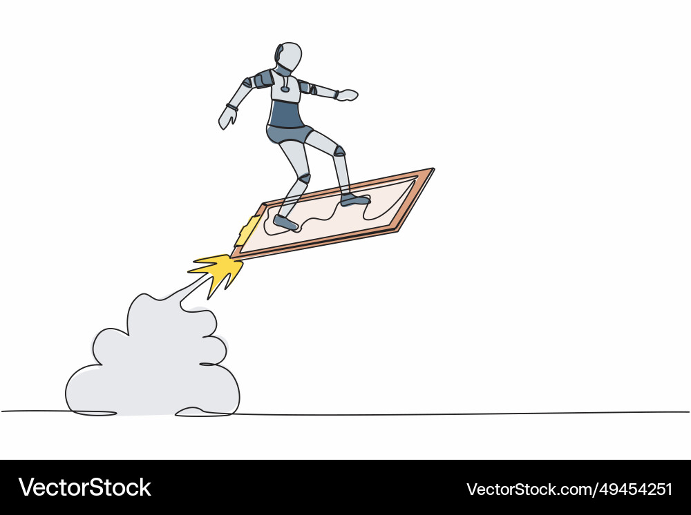 Single continuous line drawing robot riding Single continuous line drawing robot riding vector image