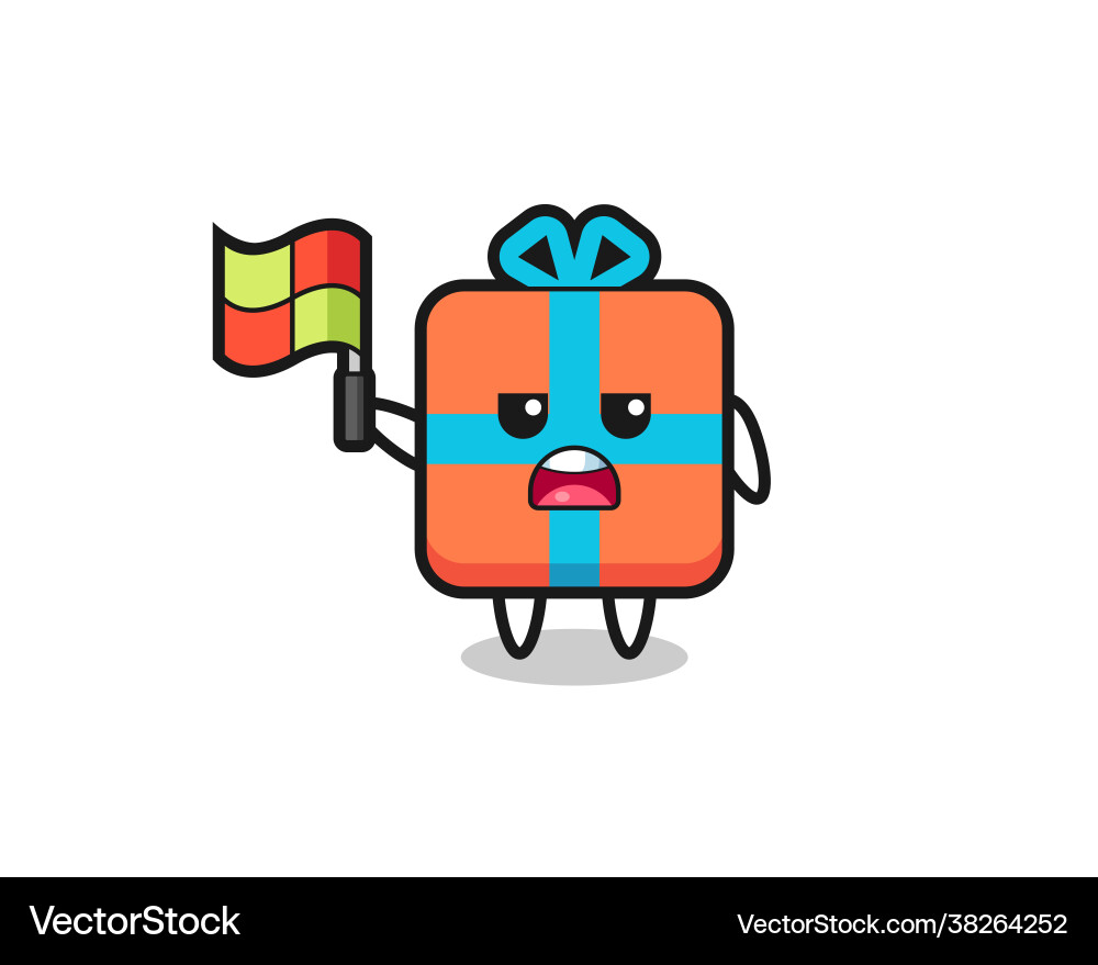 Gift box character as line judge putting flag Gift box character as line judge putting flag Vector Image