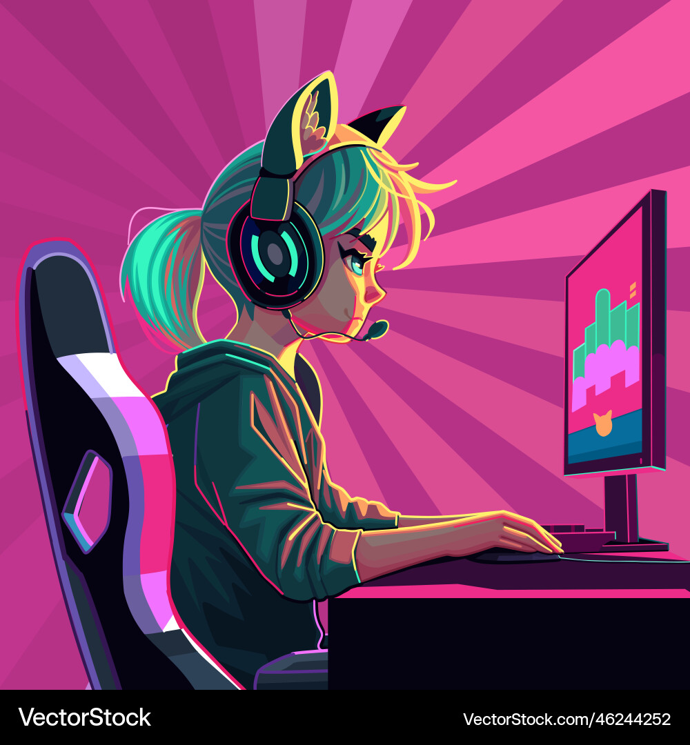 Girl gamer or streamer with a headset sits Girl gamer or streamer with a headset sits vector image