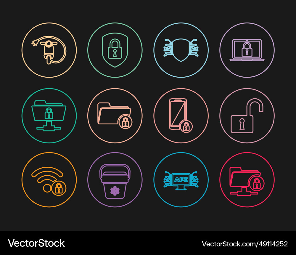 Set line ftp folder and lock open padlock cyber Set line ftp folder and lock open padlock cyber vector image