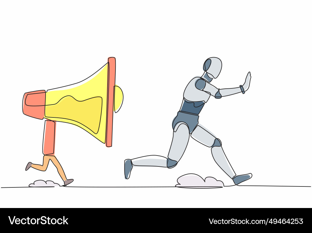 Continuous one line drawing stressed robot being Continuous one line drawing stressed robot being vector image