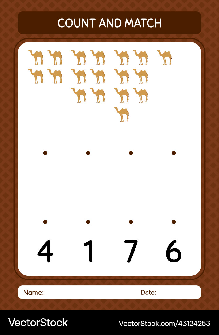 Count and match game with camel worksheet Count and match game with camel worksheet vector image