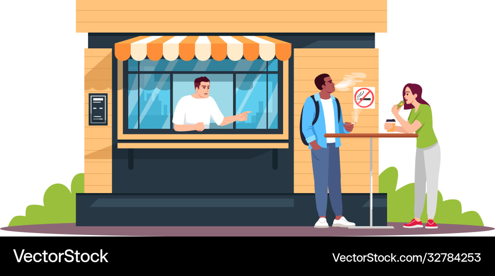 Guy rauchen neben Snack Bar halb flach rgb Farbe Guy rauchen neben Snack Bar halb flach rgb Farbe vektorbild