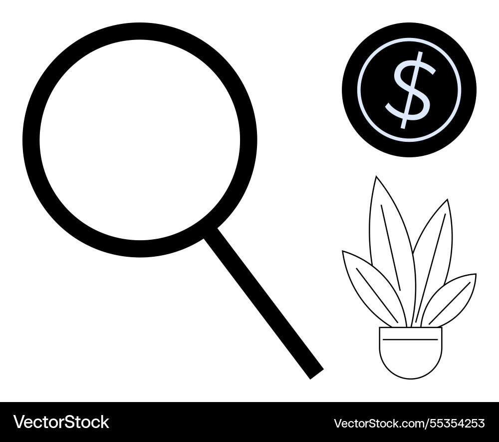 Magnifying glass dollar sign and plant pot Magnifying glass dollar sign and plant pot vector image