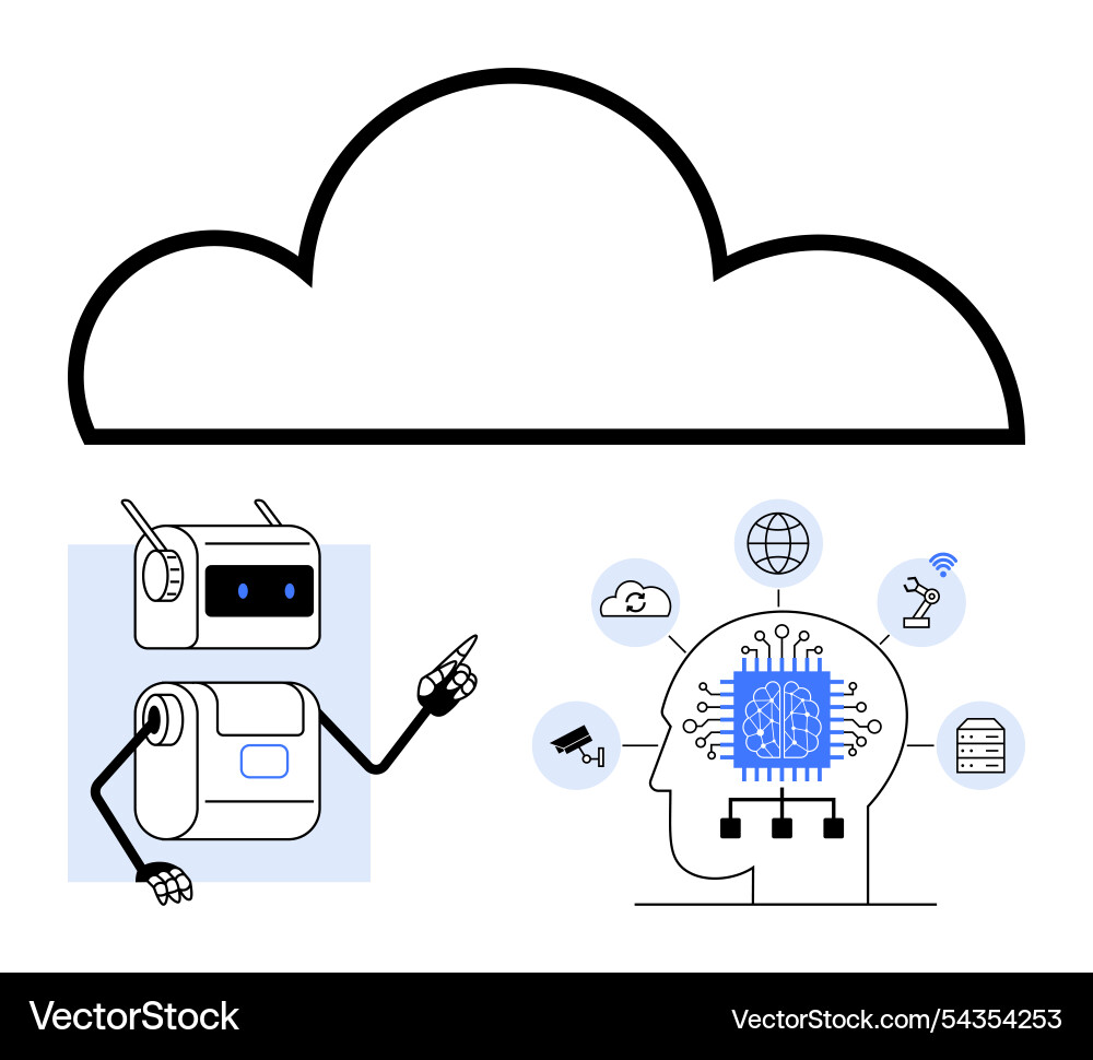 Robot pointing at cloud technology and ai-enhanced Robot pointing at cloud technology and ai-enhanced vector image