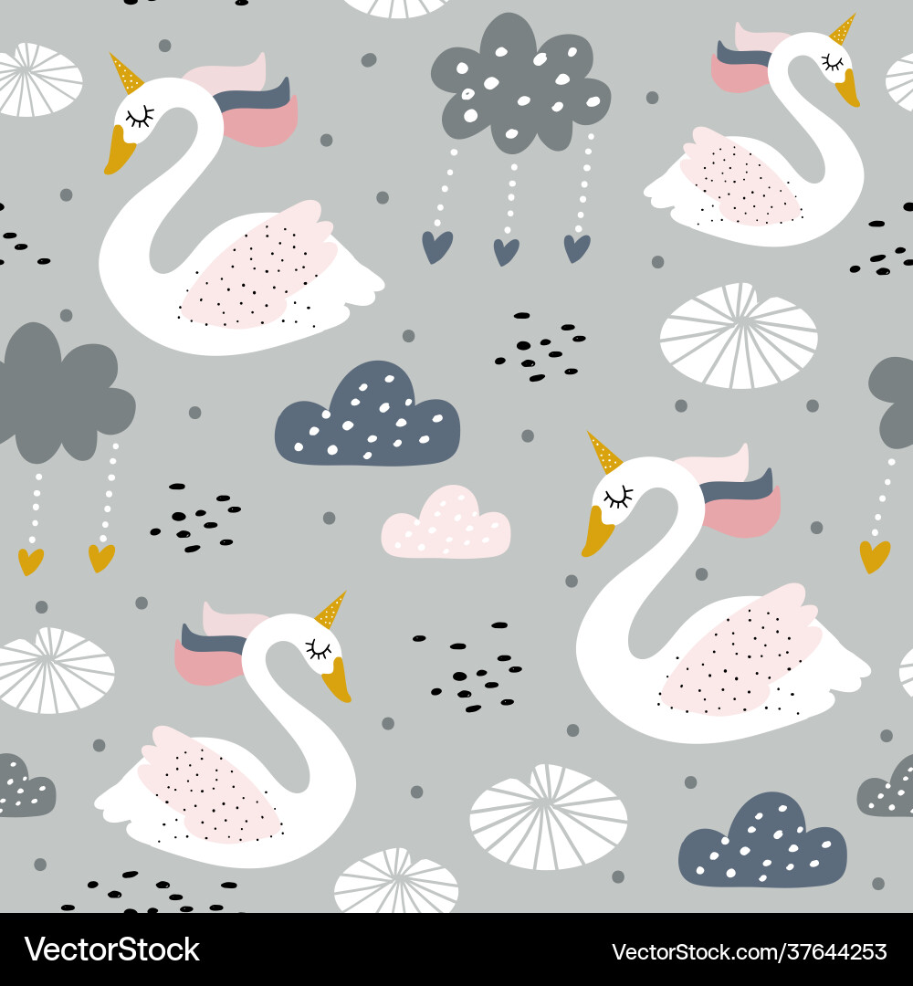 Seamless childish pattern with swan unicorn Seamless childish pattern with swan unicorn vector image