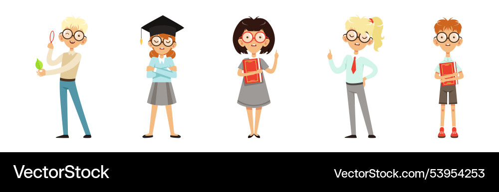Smart kid nerd with book in glasses set Vector Image