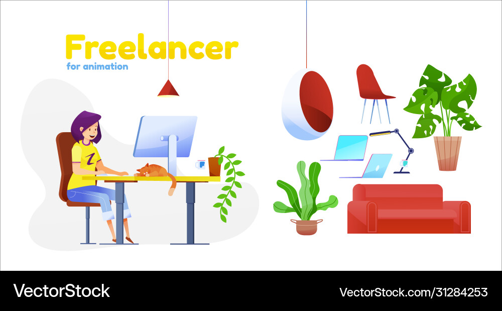 Weiblich flach freelancer Mädchen mit Katze Weiblich flach freelancer Mädchen mit Katze vektorbild