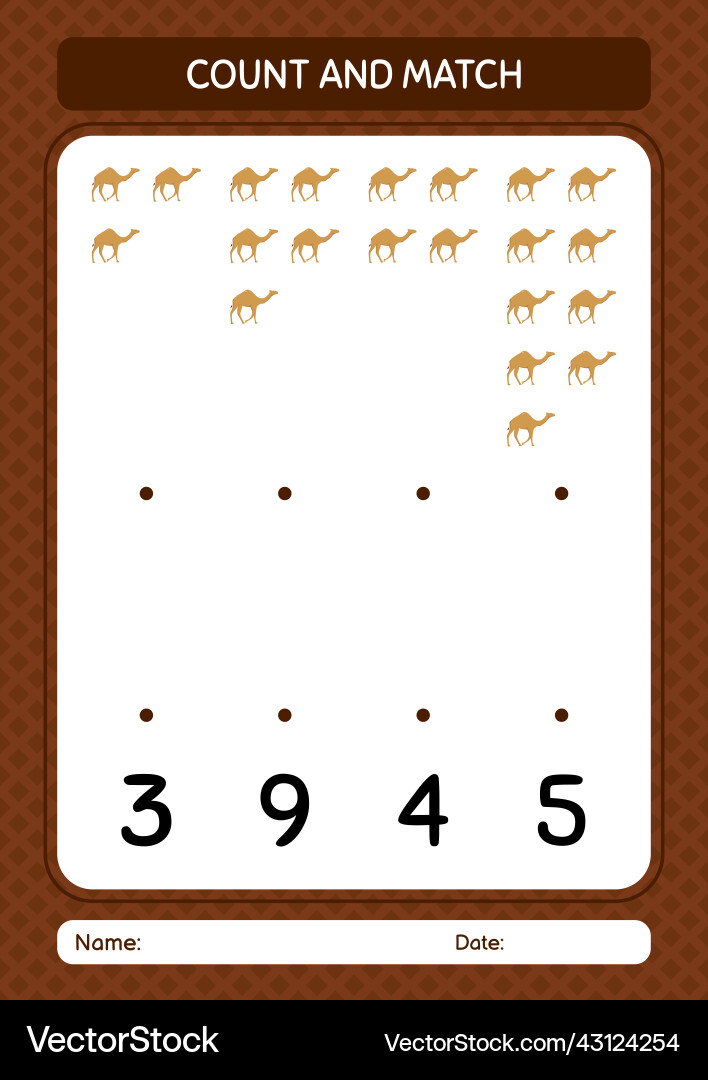 Count and match game with camel worksheet Count and match game with camel worksheet vector image